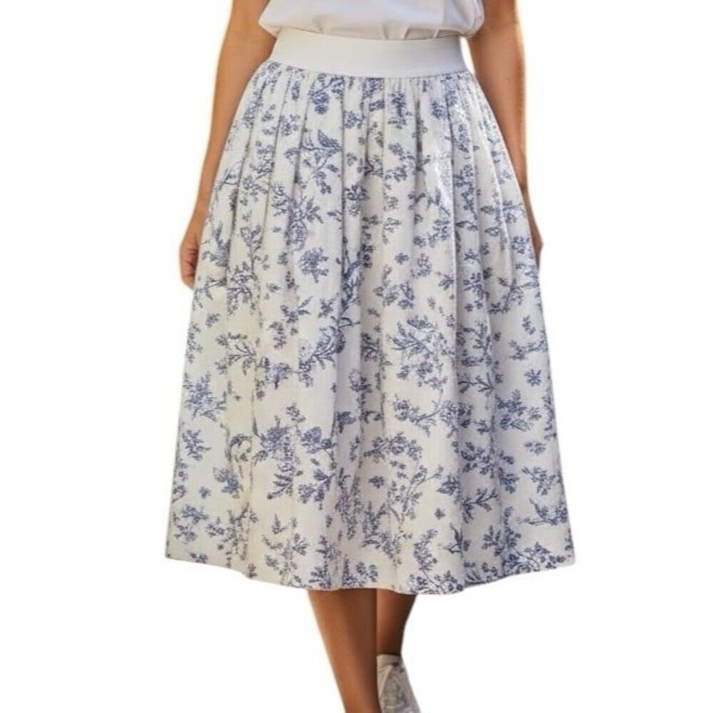 Retro Stage Blue & White Toile Floral Midi Skirt XL Vintage Style